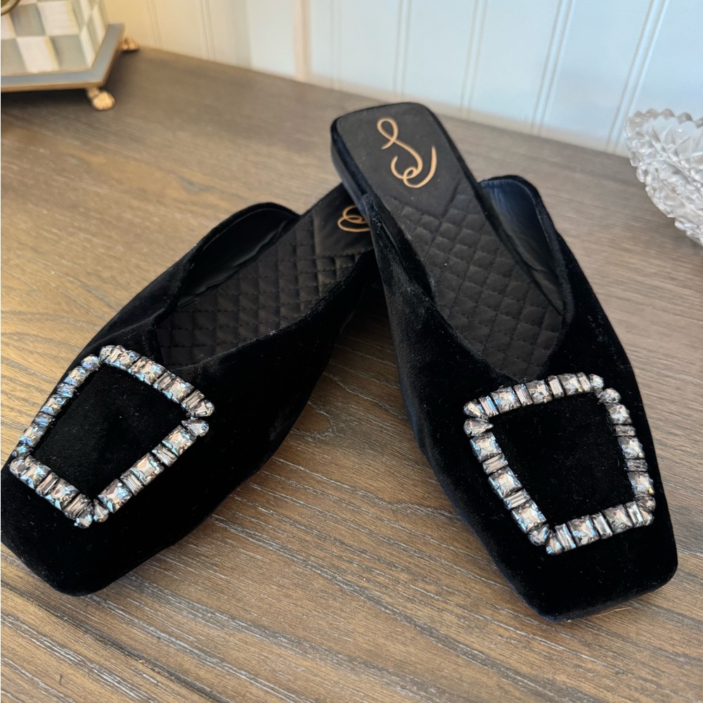 Sam Edelman Black Velvet Mules with Rhinestone Buckle